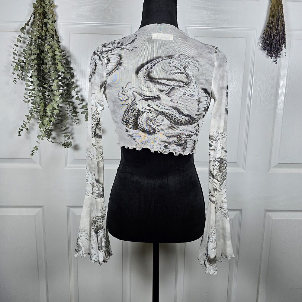 Black Bead Gothic Style Lace Mesh Cropped Bolero Dhrug Bell Sleeves Size Small - Picture 3 of 8